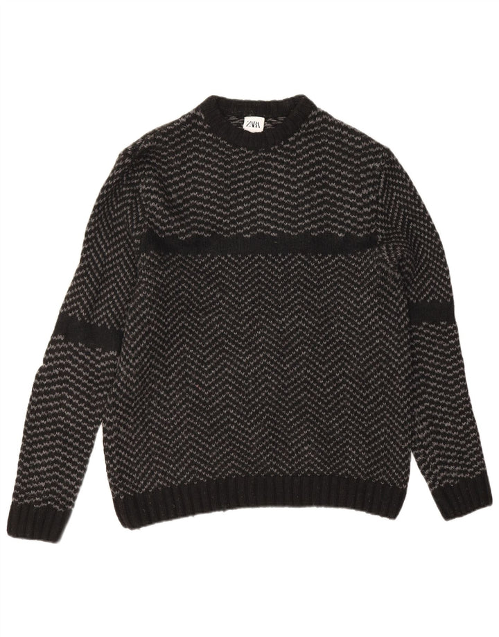 Zara Herre Crew Neck Jumper Sweater Stor Sort Chevron Nylon