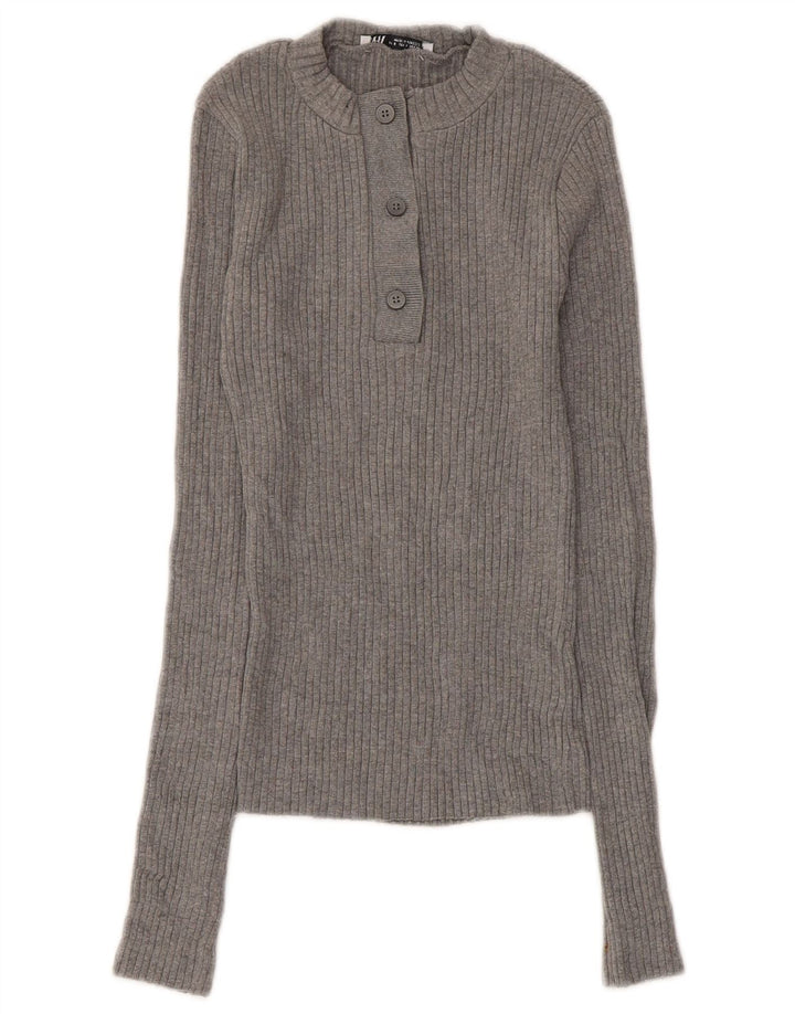 Zara Dame Button Neck Jumper Sweater UK 8 Small Grey Bomuld