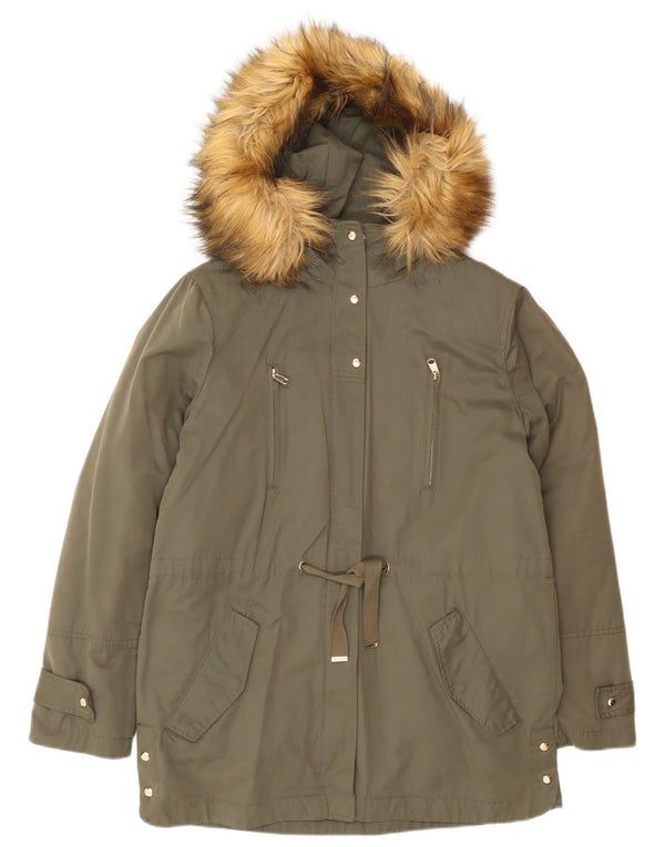 Zara Dame Hætte Oversized Parka Jacket UK 10 Small Khaki Polyester