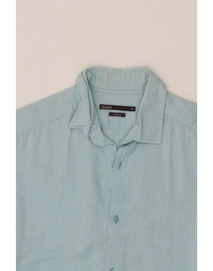 JULES Mens Fitted Short Sleeve Shirt Small Blue Linen Vintage Jules and Second-Hand Jules from Messina Hembry 