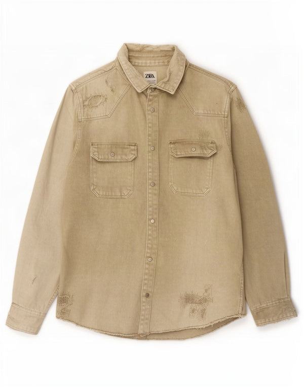 Zara Herre Relaxed Fit Denimskjorte Stor Khaki Bomuld