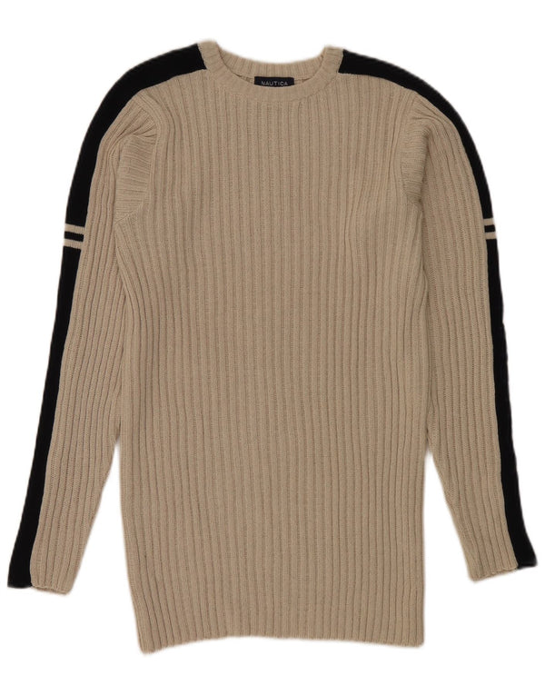 Nautica Herre Crew Neck Jumper Sweater Stor Beige Colourblock Bomuld