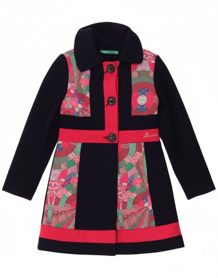 DESIGUAL Girls Graphic Overcoat 9-10 Years Navy Blue Patchwork Polyester