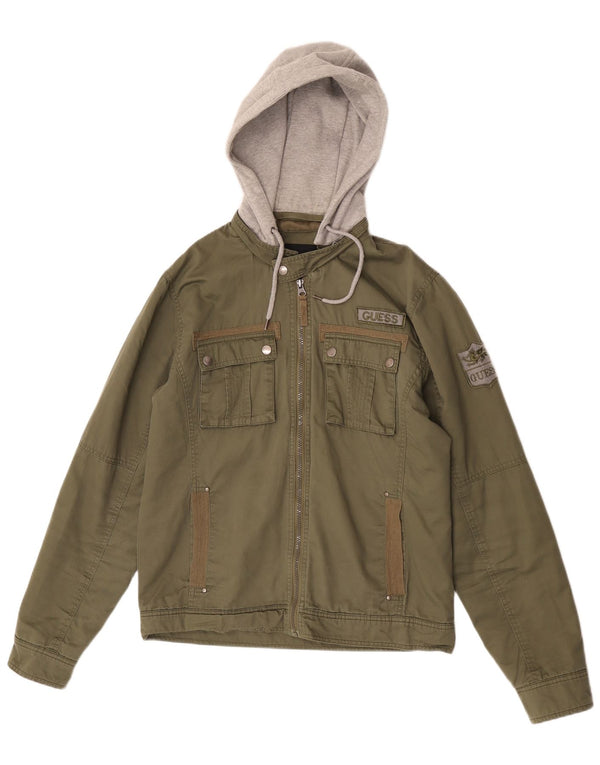 Guess Herre Grafisk Hooded Utility Jacket UK 38 Medium Khaki Colourblock