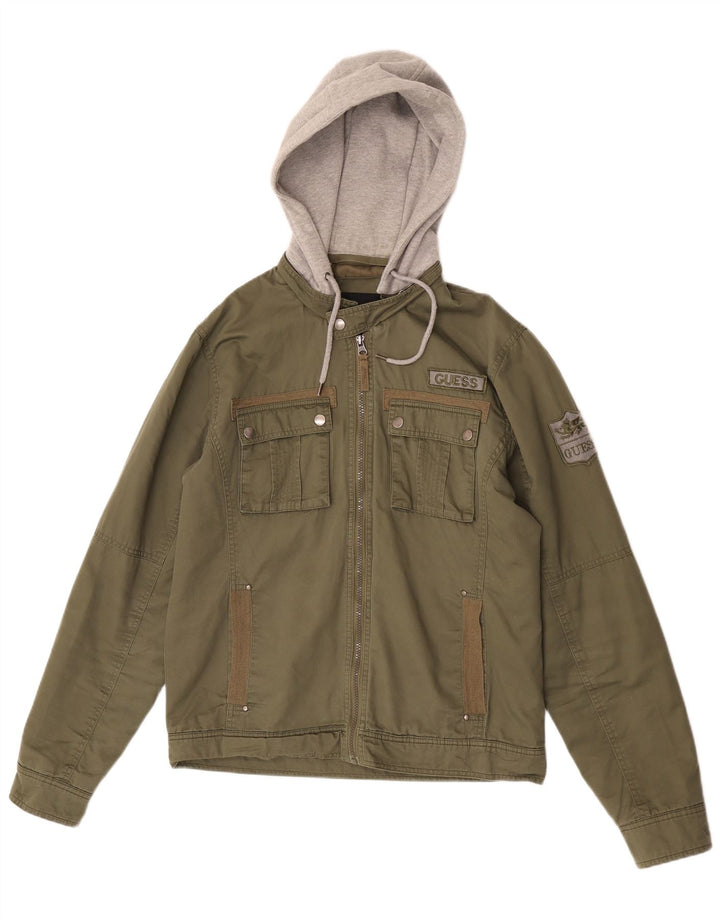 Guess Herre Grafisk Hooded Utility Jacket UK 38 Medium Khaki Colourblock