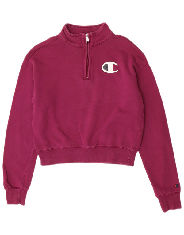 Champion Dame Grafisk Zip Neck Sweatshirt Jumper UK 10 Small Purple