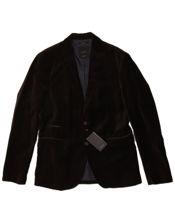 Zara Herre 2-knaps Velour Blazer Jakke EU 50 Medium Brun Polyester