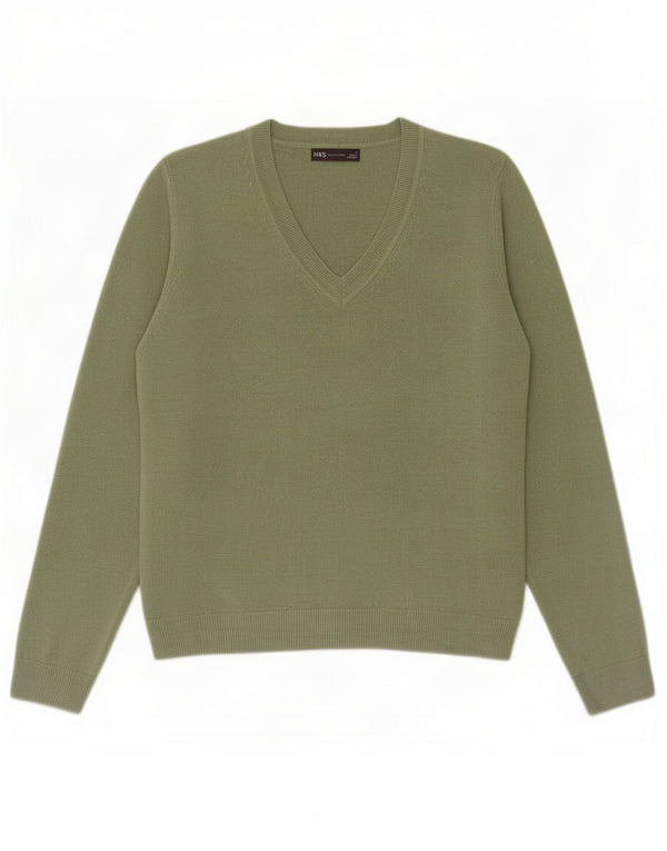 Marks & Spencer Dame V-hals sweater UK 14 Stor Khaki Akryl
