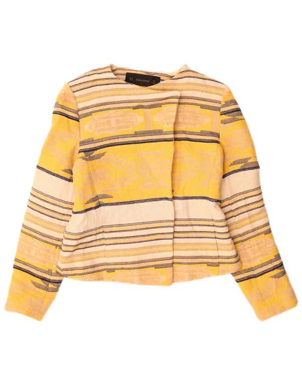 Zara Herre Crop Open Blazer Jacket UK 12 Mellem gul stribet bomuld