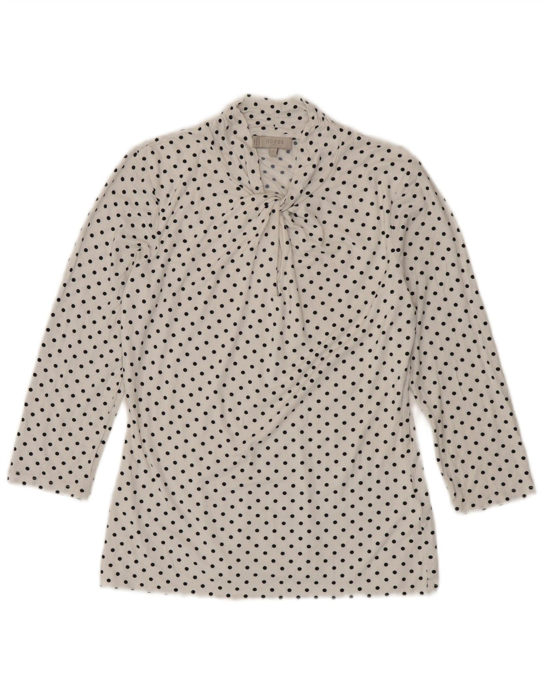 HOBBS Dame Front Tie 3/4 ærmet bluse Top UK 10 Small White Polka Dot