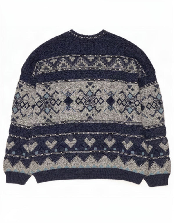 Vintage mænd med rund hals sweater UK 42/44 Large Navy Blue Fair Isle