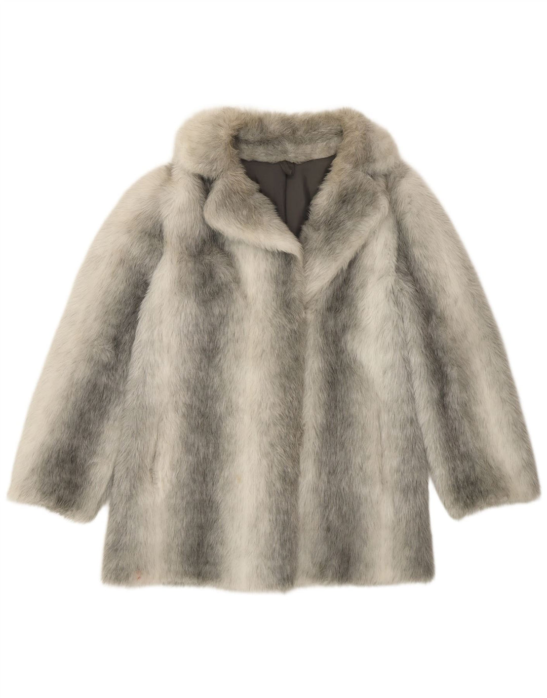 VINTAGE Dame imiteret Pels Overfrakke UK 12 Medium Sølvstribet Modacryl