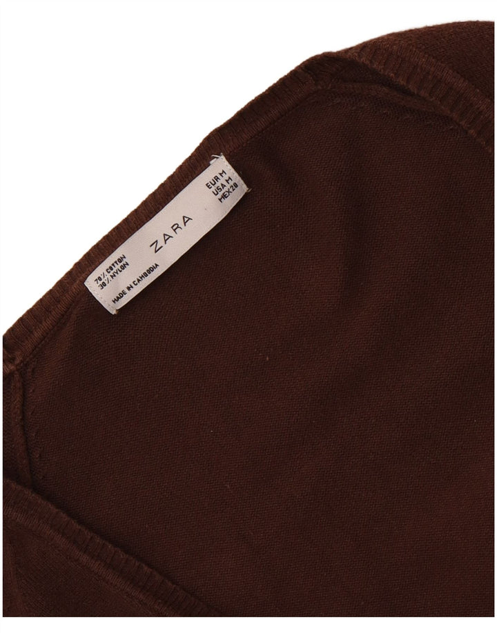 Zara Dame Cardigan Sweater UK 12 Medium Brun Bomuld