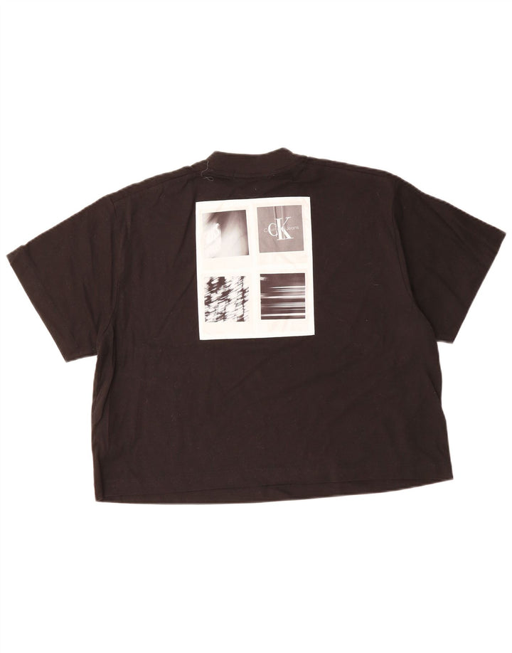 CALVIN KLEIN Dame Oversized Crop Grafisk T-Shirt Top UK 10 Lille Sort