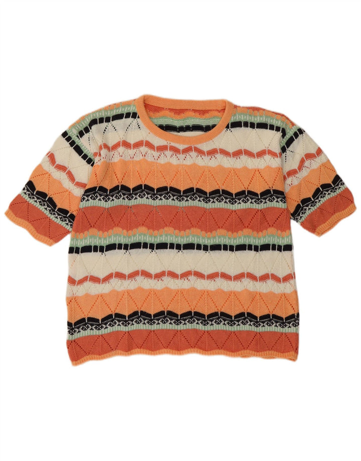 Vintage dame sweater med rund hals DK 14 Medium Orange Geometrisk