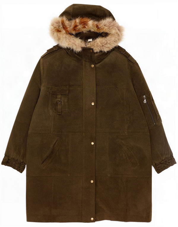 Vintage dame hætte ruskind parkajakke UK 24 4XL Khaki Læder