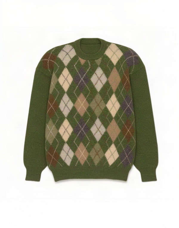Vintage Herre rund hals sweater XL Grøn Argyle/Diamond