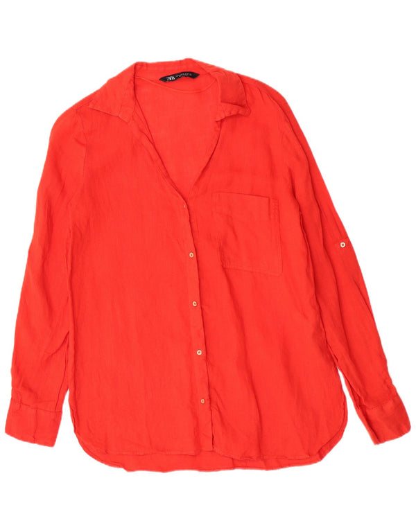 Zara Dame Langærmet Regular Shirt UK 14 Medium Red Linen
