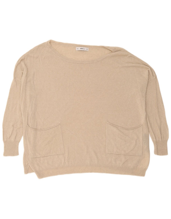 Zara Dame Oversized Boat Neck Jumper Sweater UK 16 Large Beige Viscose