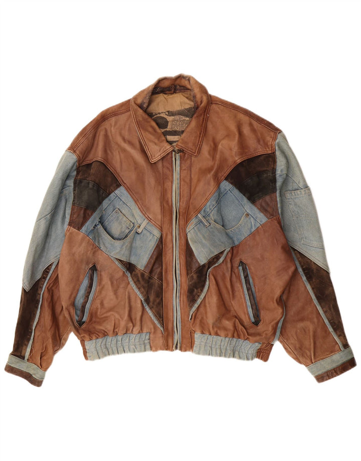 Vintage Herre Bomber Læderjakke UK 42 XL Brun Patchwork Læder