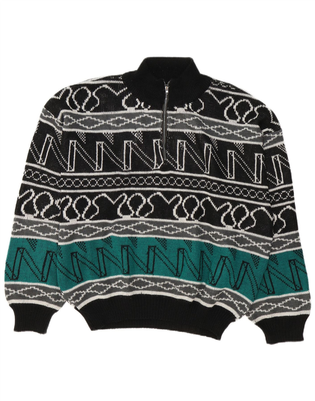 Vintage herre lynlås-hals sweater stor flerfarvet geometrisk