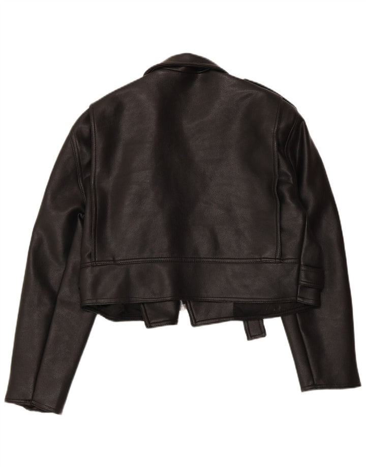 VINTAGE Womens Oversized Crop Læder Biker Jacket UK 10 Small Black