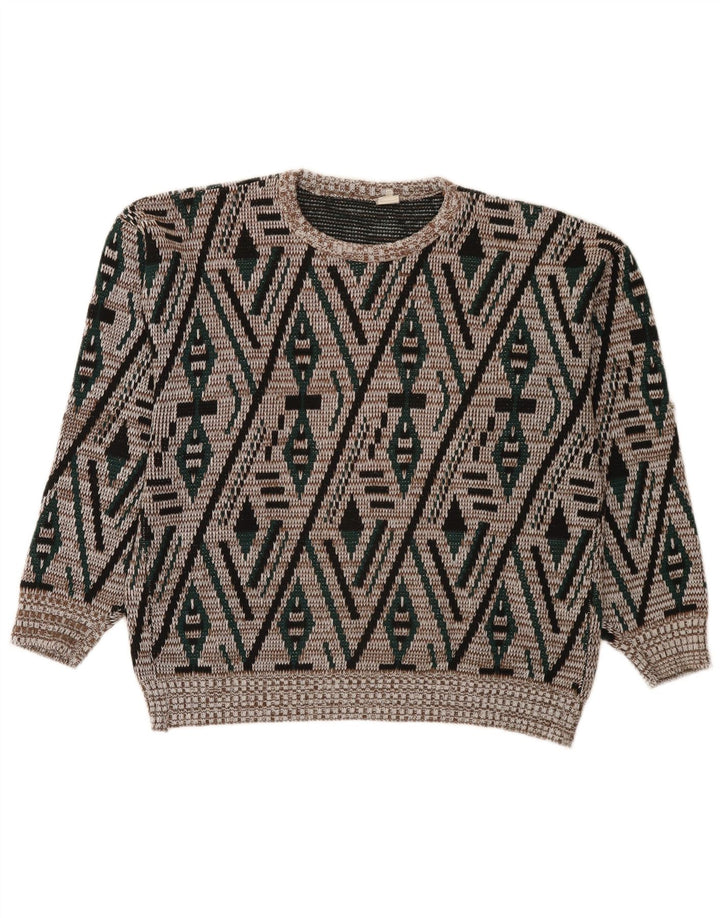 Vintage herre rund hals sweater IT 52 stor flerfarvet geometrisk