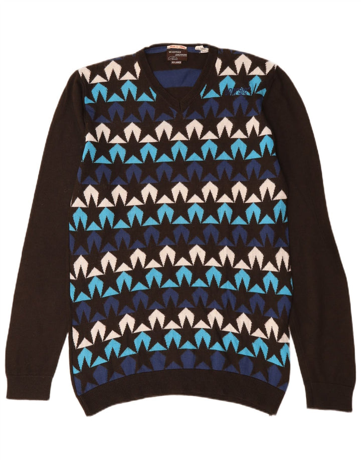 Energie Herre abstrakt mønster V-hals sweater 2XL flerfarvet uld