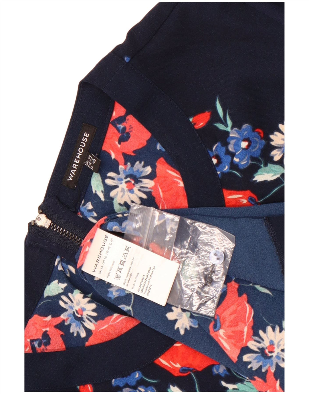 Warehouse Dame Langærmet Skift Kjole UK 14 Medium Navy Blue Floral