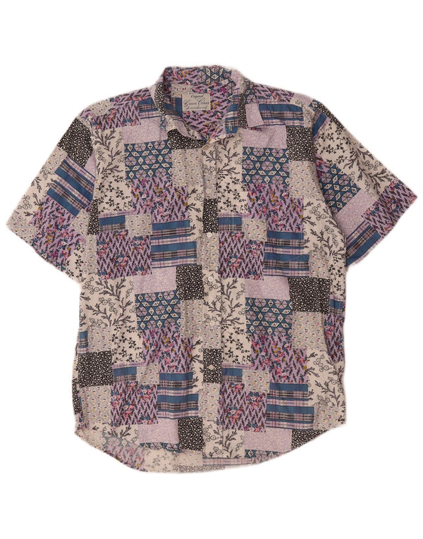 Vintage Kortærmet Herreskjorte Stor Flerfarvet Patchwork Bomuld