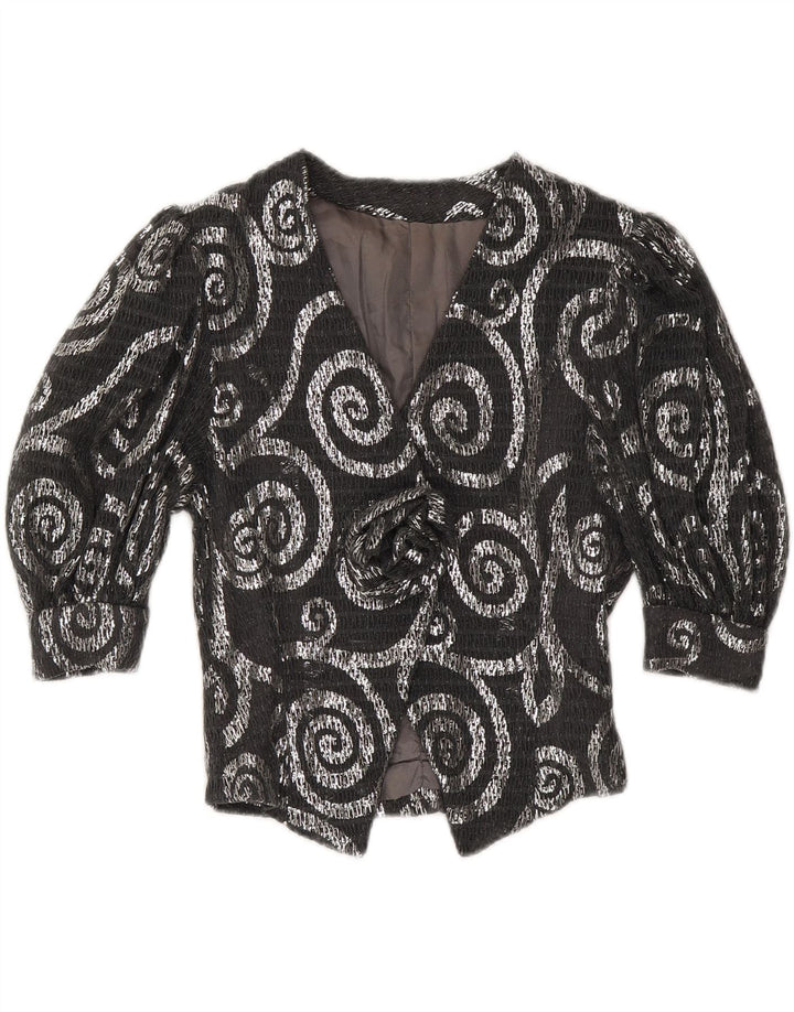 VINTAGE Dame 3/4-ærmet blazerjakke UK 12 Medium Grey Paisley