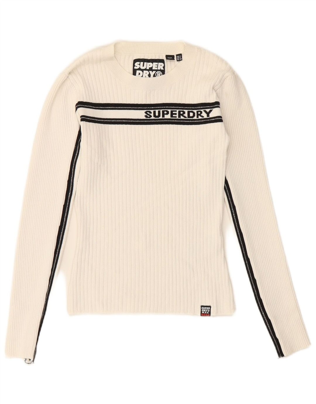 SUPERDRY Dame grafisk rund hals sweater UK 8 Lille hvid stribet