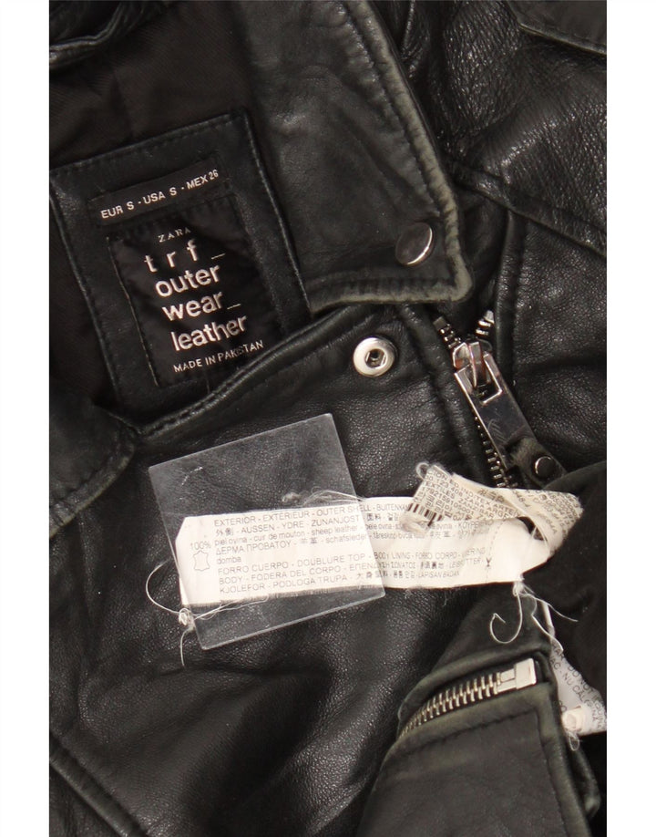 Zara Dame Læder Biker Jacket UK 10 Lille sort læder