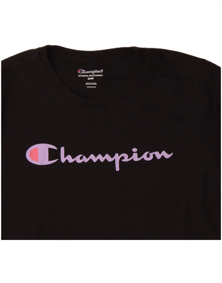 CHAMPION Dame Grafisk T-Shirt Top UK 14 Medium Sort Bomuld