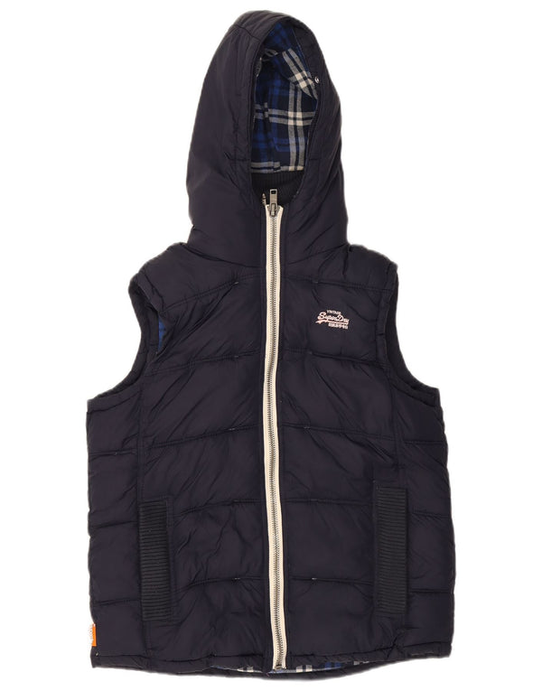 SUPERDRY Dame Hætte Polstret Gilet UK 14 Medium Navy Blue Nylon