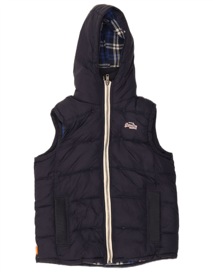 SUPERDRY Dame Hætte Polstret Gilet UK 14 Medium Navy Blue Nylon