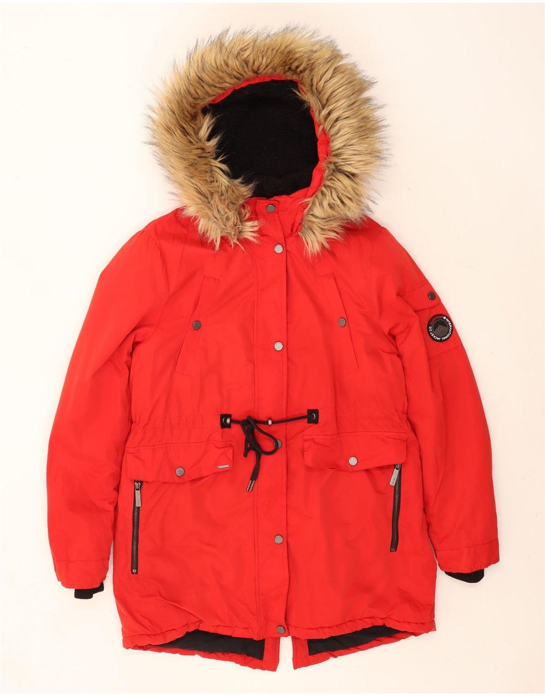 Superdry Parkajakke med hætte til kvinder UK 14 Stor rød polyester