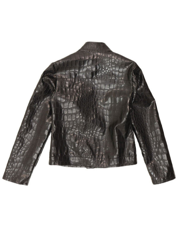 Vintage Kvinders imiteret læder Bomber Jacket UK 10 Small Black Animal Print