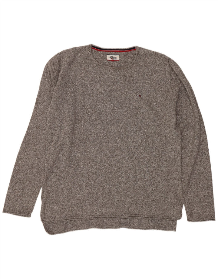 Tommy Hilfiger Herre trøje med rund hals, mellemgrå flækket bomuld