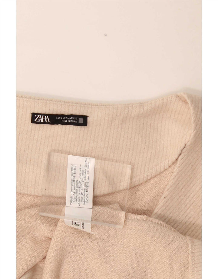 Zara Dame Langærmet Bluse Top UK 14 Stor Beige Polyester