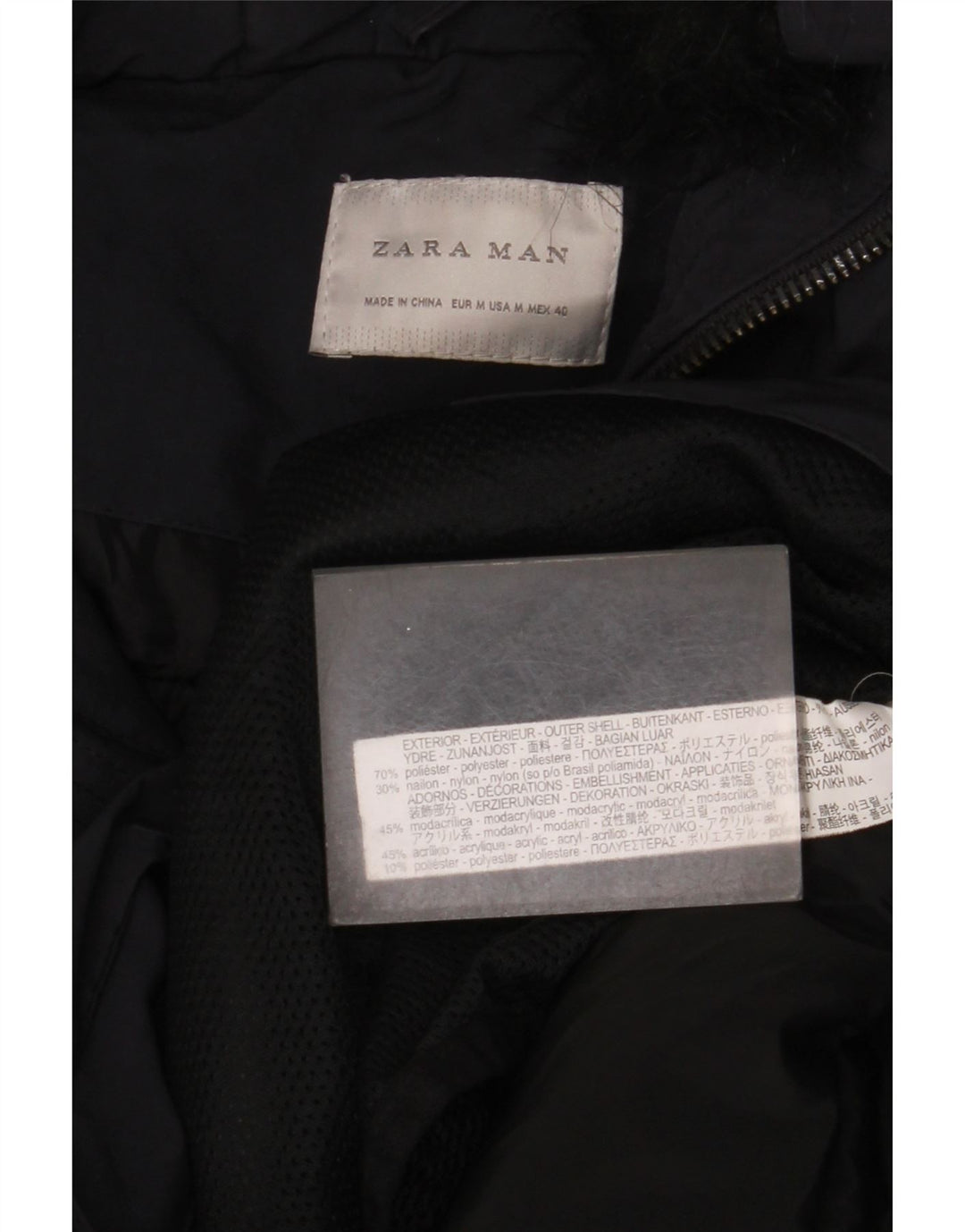 Zara Herre hættepolstret frakke UK 38 Medium Navy Blue Polyester