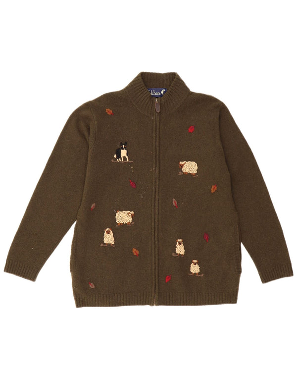 Tulchan Dame Grafisk Cardigan Sweater UK 14 Medium Khaki Wool