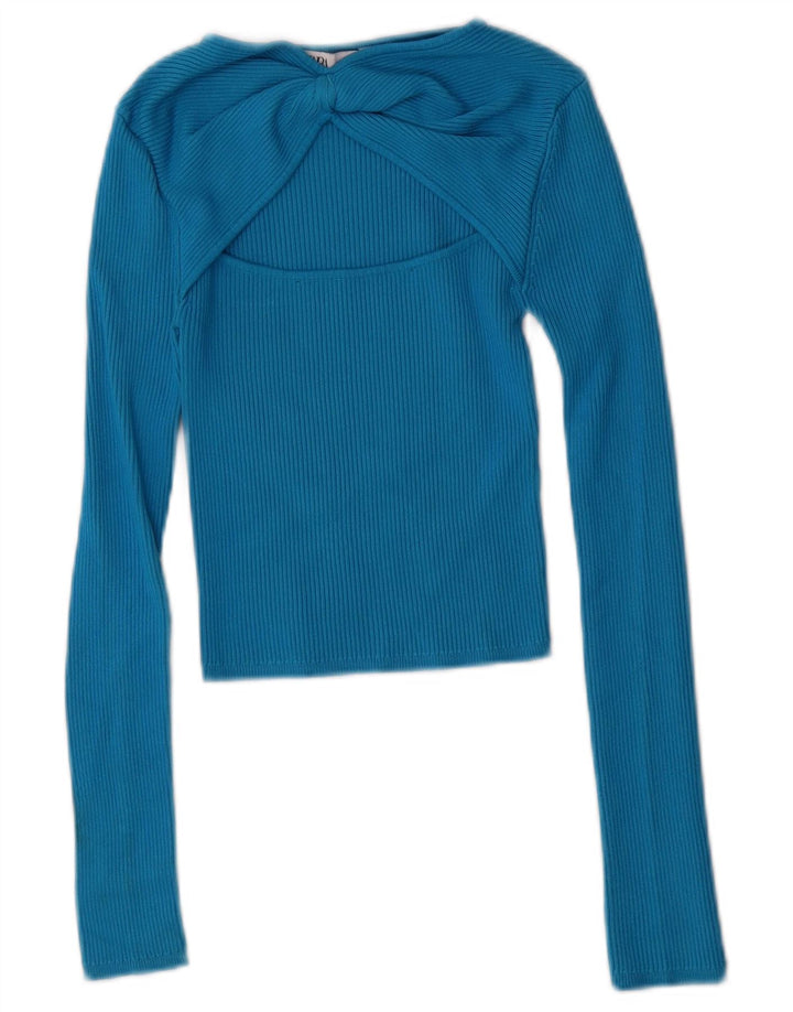 ZARA Womens Crop Top Long Sleeve UK 4 XS Blue Viscose