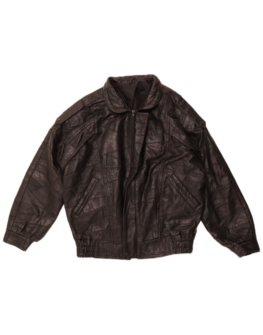 VINTAGE Herre Military Loose Fit Læderjakke UK 36 Small Black Patchwork