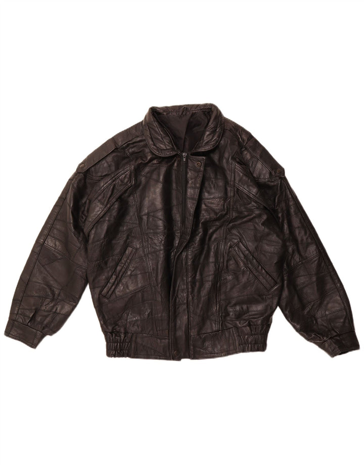 VINTAGE Herre Military Loose Fit Læderjakke UK 36 Small Black Patchwork