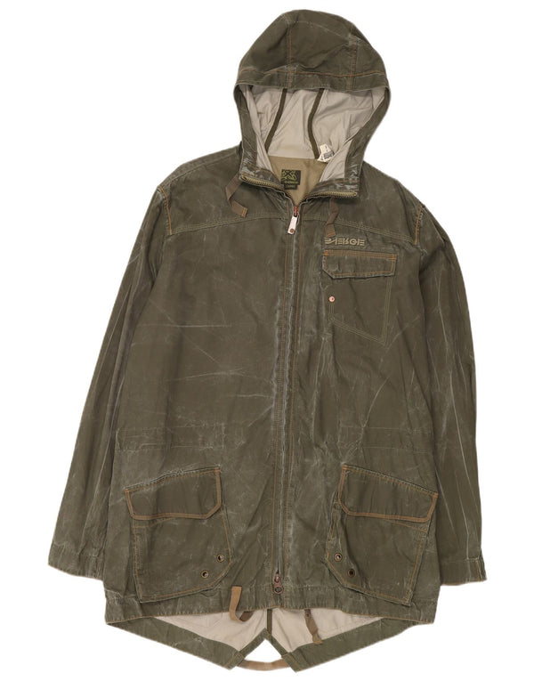 Energie Herre Hooded Waxed Cotton Parka Jacket UK 40 Large Khaki Cotton