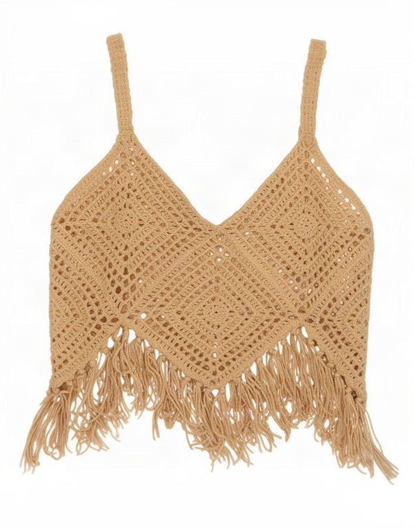 Zara Womens Crochet Crop Top UK 12 Medium Beige Cotton