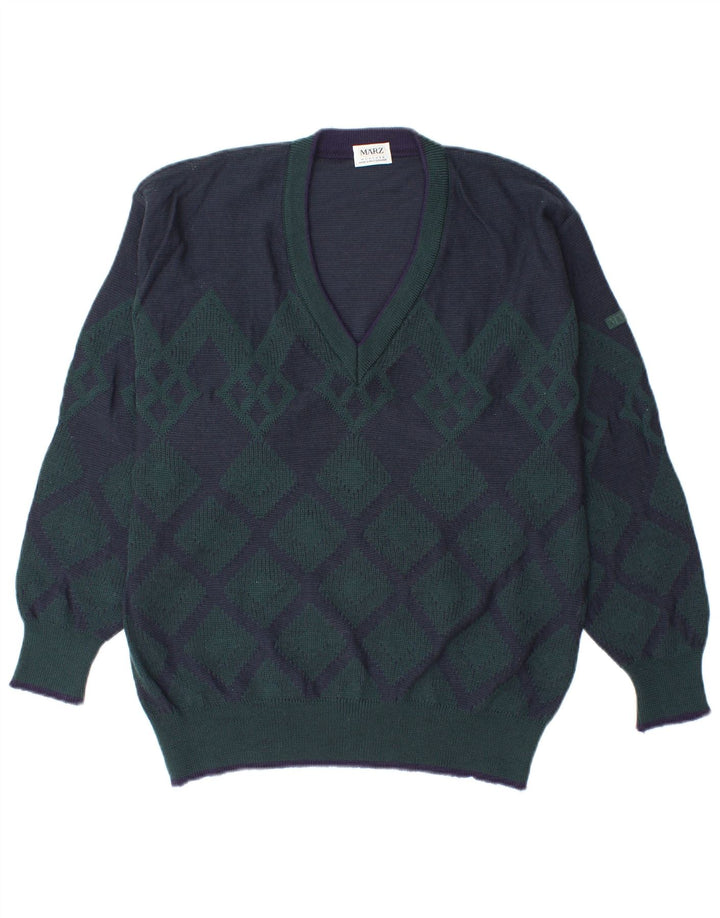 MARZ Herre V-hals sweater Small Navy Blue Argyle/Diamond New Wool