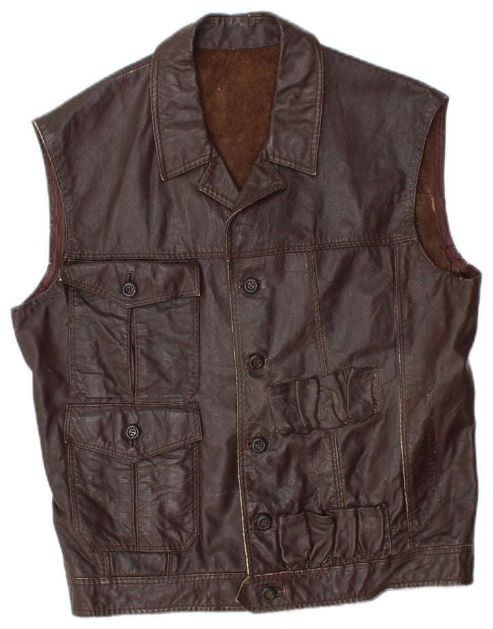 Vintage Herre Læder Gilet UK 36 Lille Brun