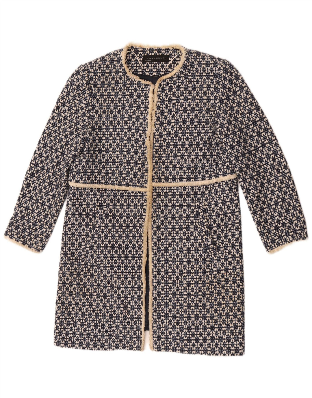 Zara Womens Open Overcoat UK 12 Mellem marineblå geometrisk bomuld